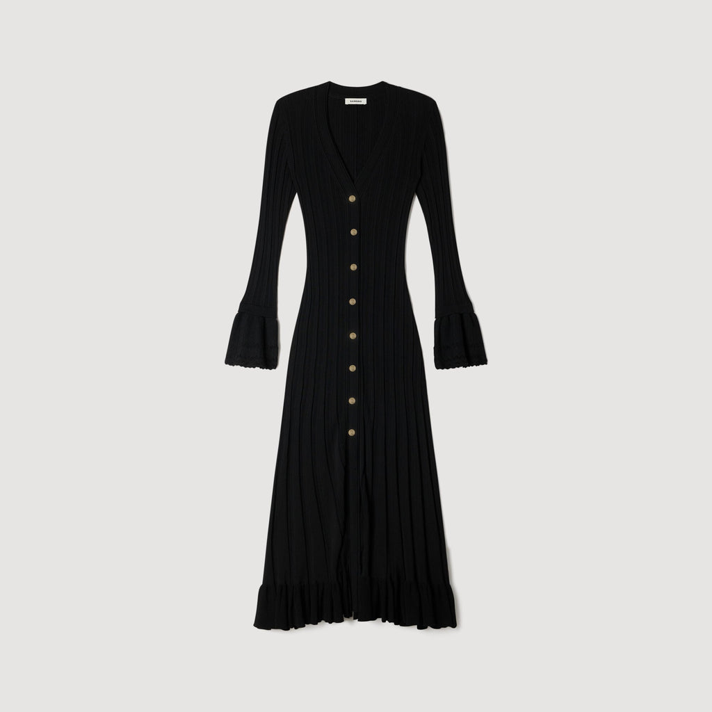 SANDRA LONG KNITTED DRESS WITH RUFFLE BLACK